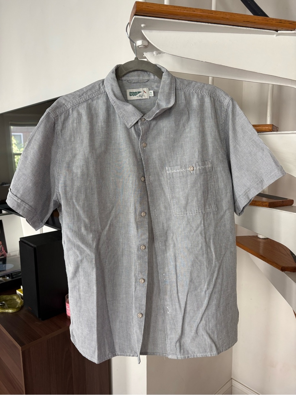 Wellen Shirt Mens L White Striped Hemp Blend Short Sleeve Button Huckberry